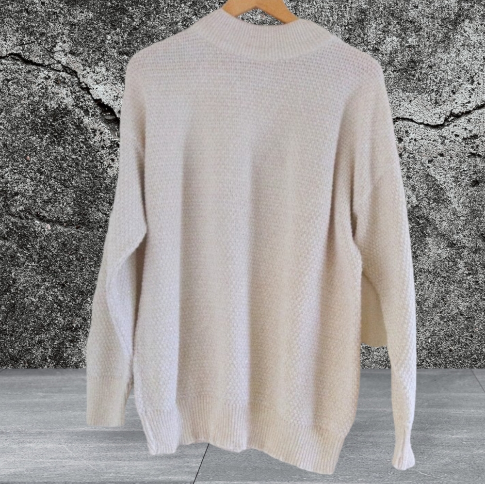 Vintage Mock Neck Sweater Womens L Ivory Gold Metallic Textured Knit Made In USA